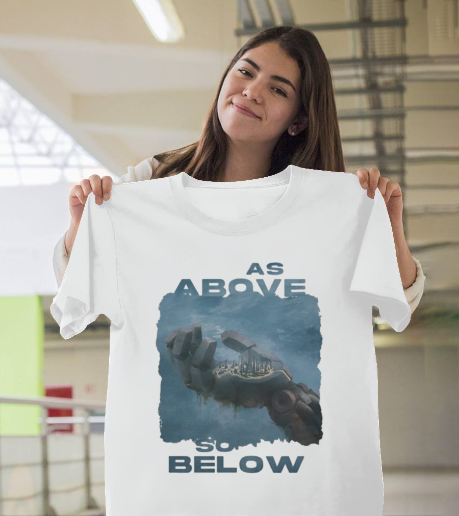 Essenger X Cryoshell As Above So Below Robotic Hand Holding Cityscape T-Shirt