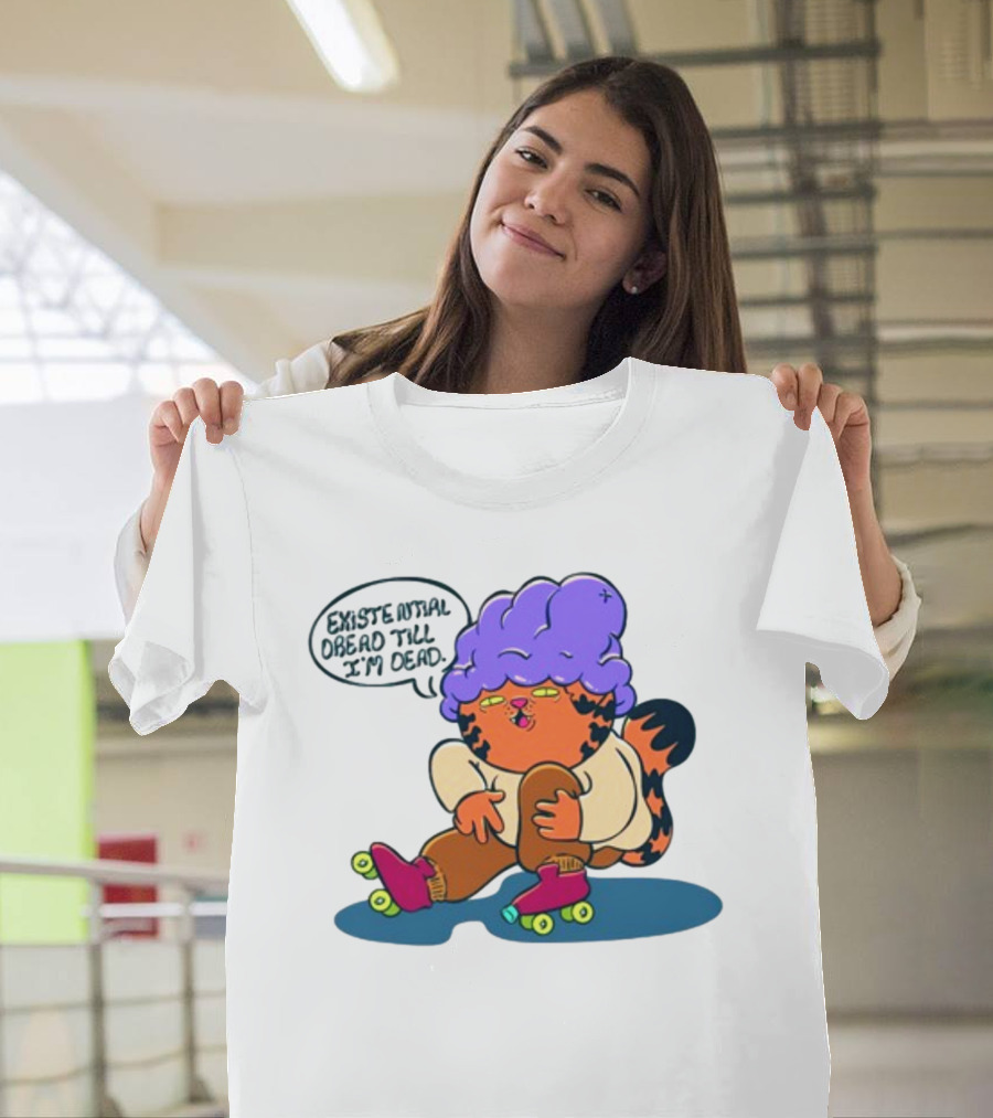 Existential Dread Till I'm Dead Funny Roller Skating Tiger with Purple Hair T-Shirt