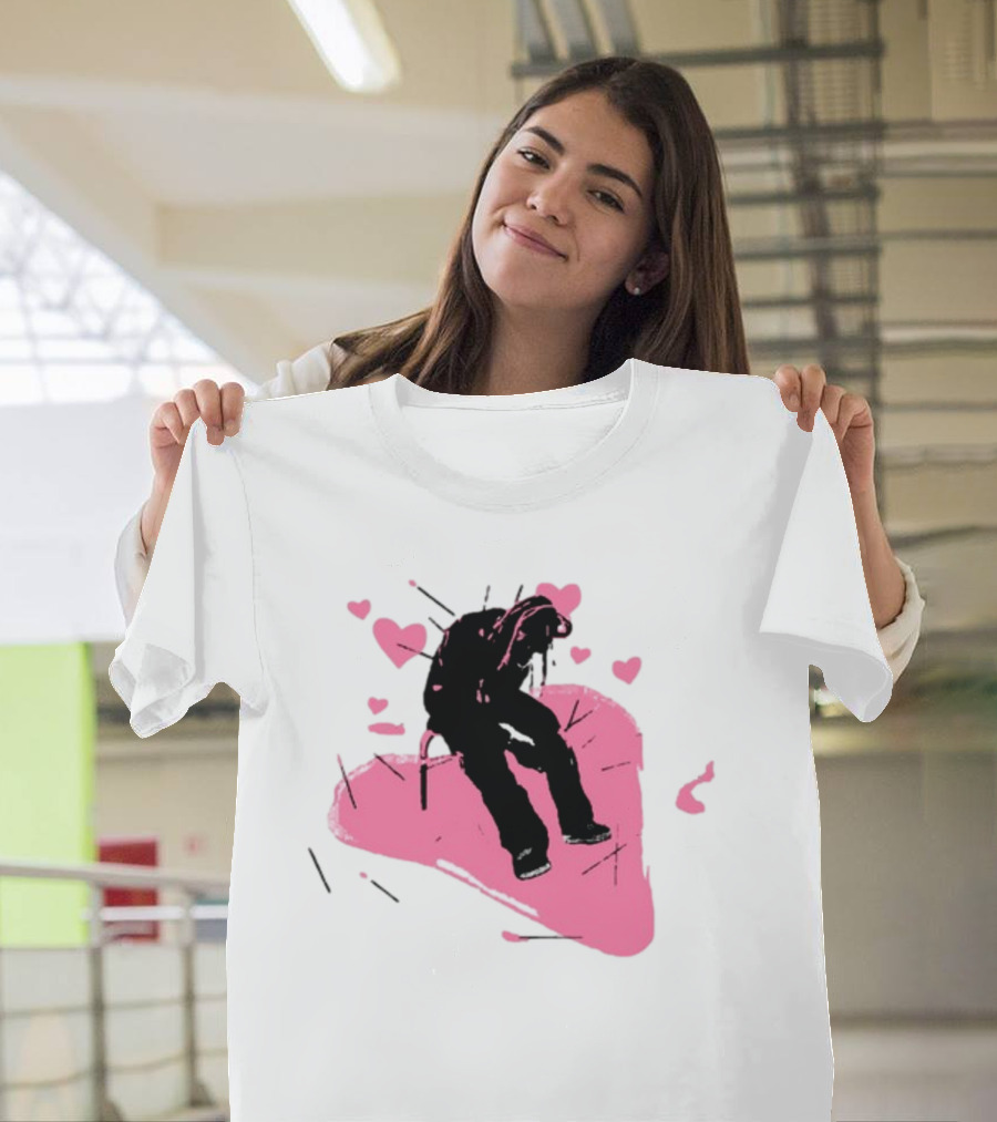 Drokenji Hearts White Pink Heart Black T-Shirt