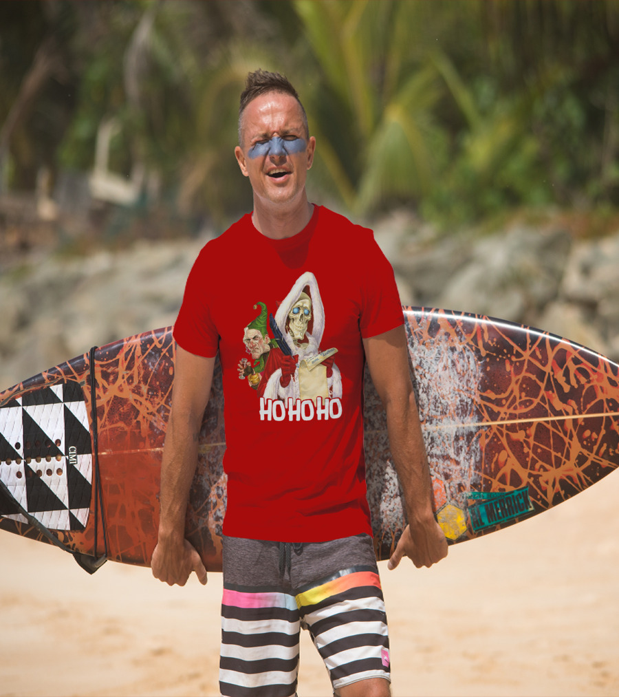 Ho Ho Ho Death With Albert Hogs Santa Skeleton And Elf T-Shirt