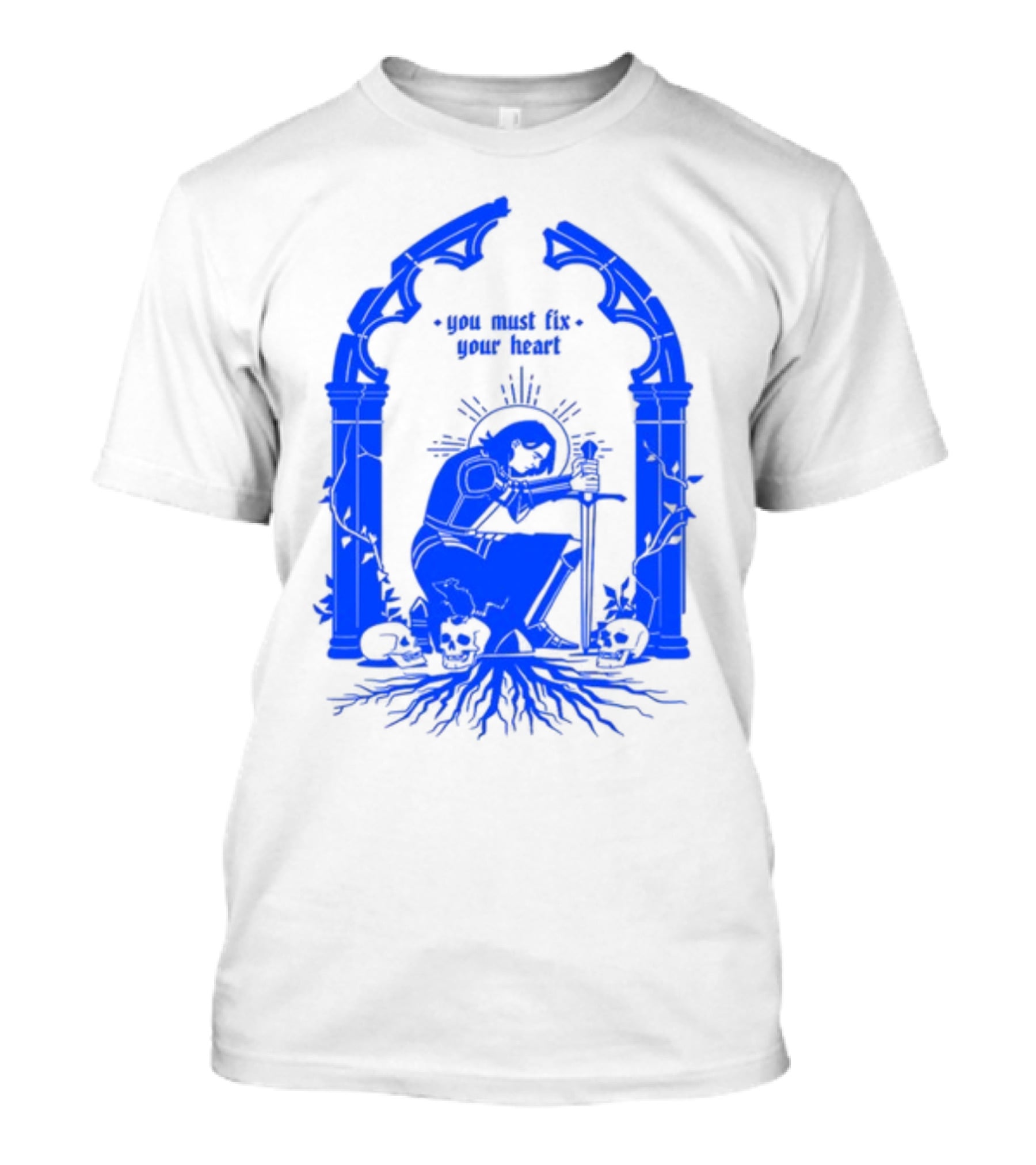 You Must Fix Your Heart Kneeling Skeleton With Sword And Skull Gothic Arch T-Shirt