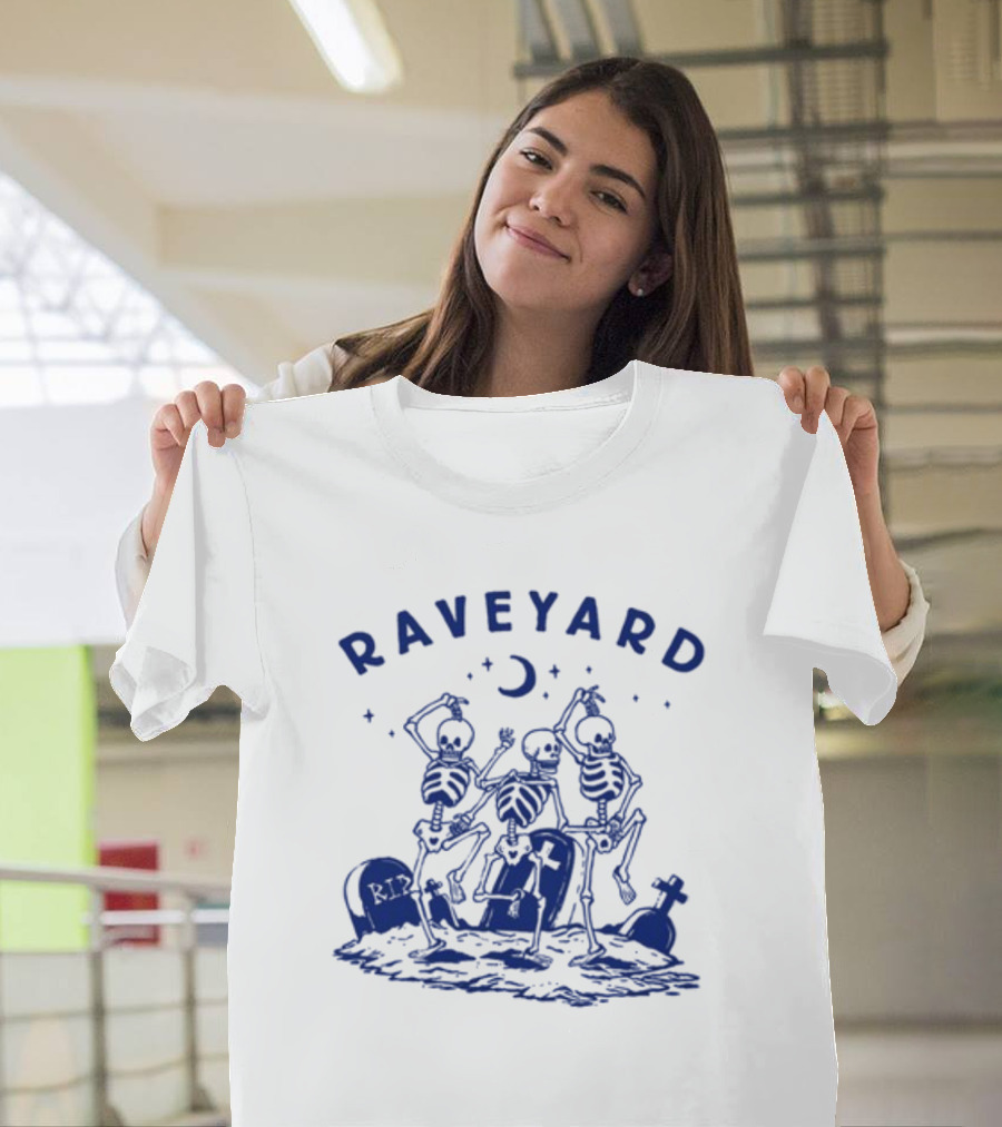 Raveyard Skeleton Dance Under Moon with Tombstones T-Shirt