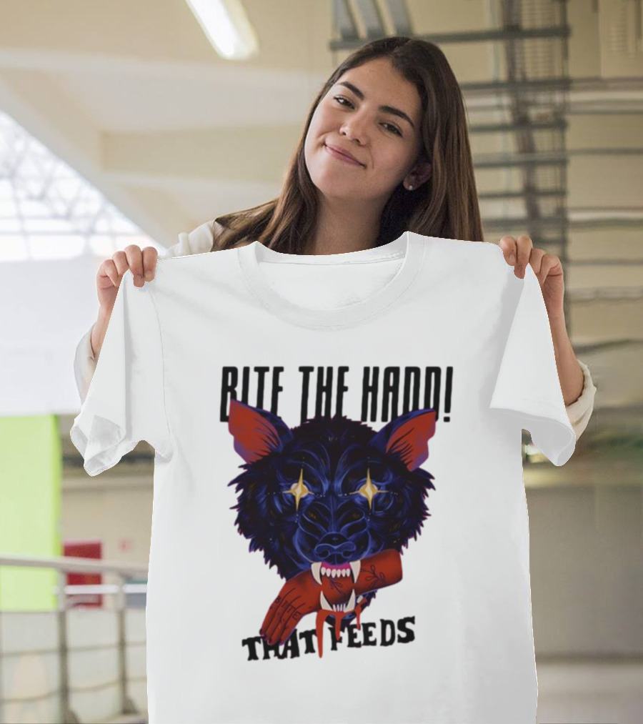 Galactixy Bite The Hand That Feeds Wolf with Glowing Eyes Holding Severed Hand T-Shirt