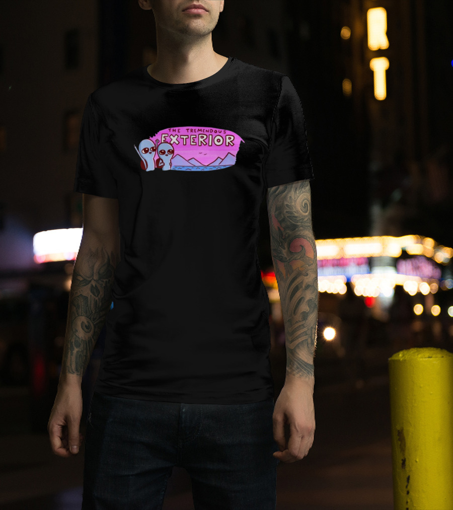 Strange Planet The Tremendous Exterior Alien Characters With Mountains And Pink Sky Scene T-Shirt