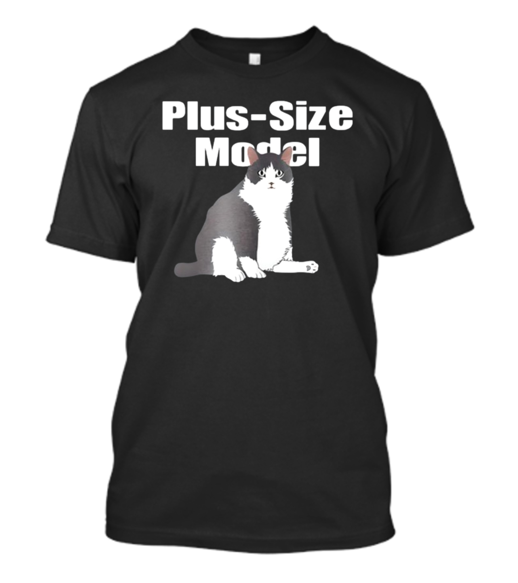 Plus-Size Model Cade Cat White Text Black Background Sitting Gray And White Cat Image T-Shirt