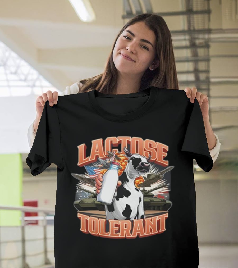 Lactose Tolerant Cow Holding Milk With Explosive Flags And Tanks T-Shirt