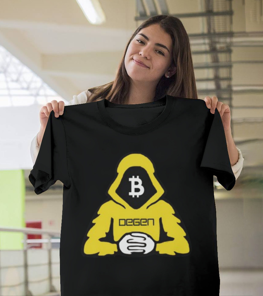 Bitcoin Degen Hooded Figure With Bitcoin Logo And Folded Hands T-Shirt