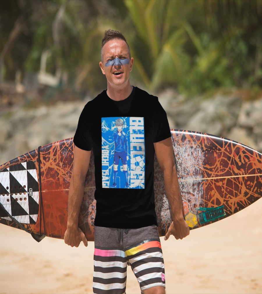 Blue Lock Isagi Yoichi Anime Soccer Character Bold Blue T-Shirt