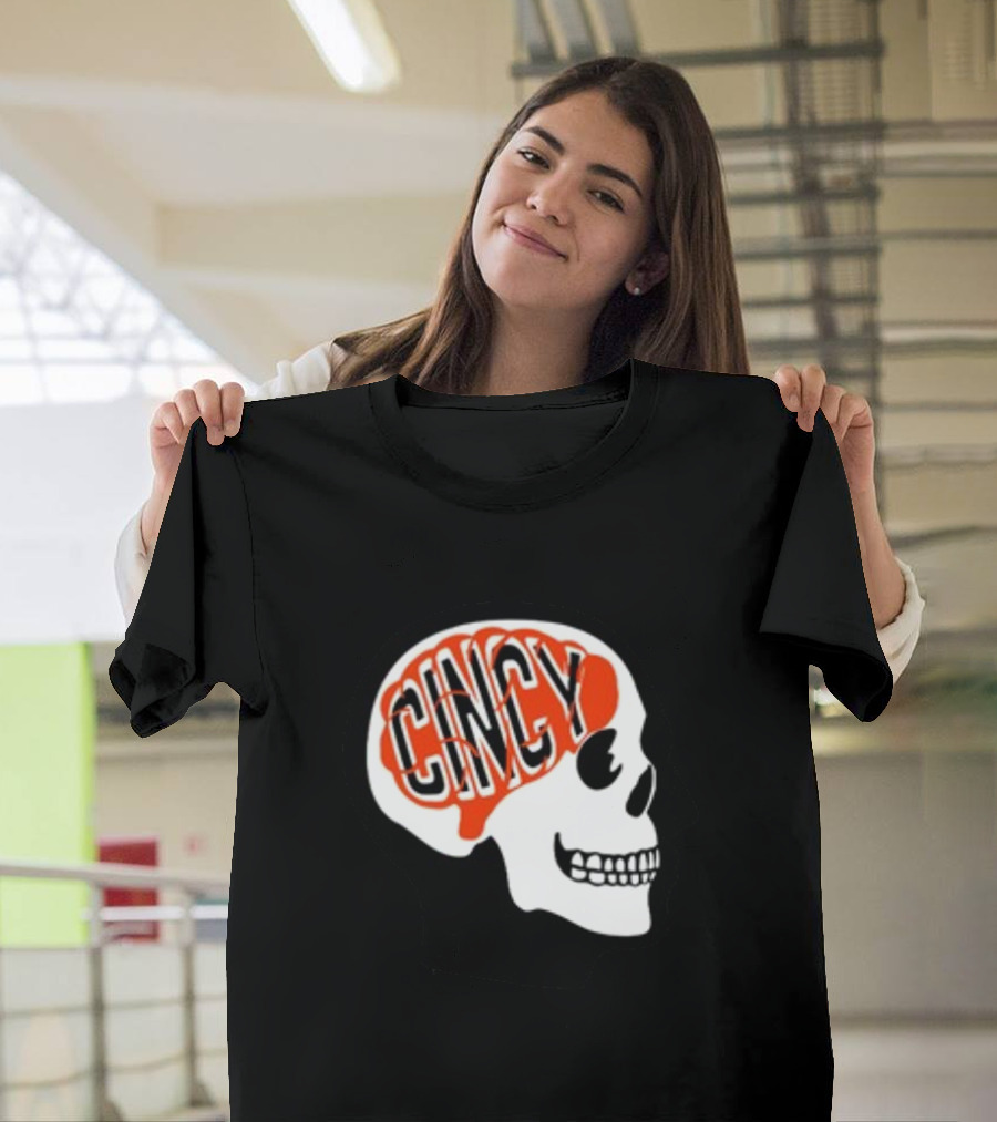 Cincy On The Brain Football Helmet Skull T-Shirt