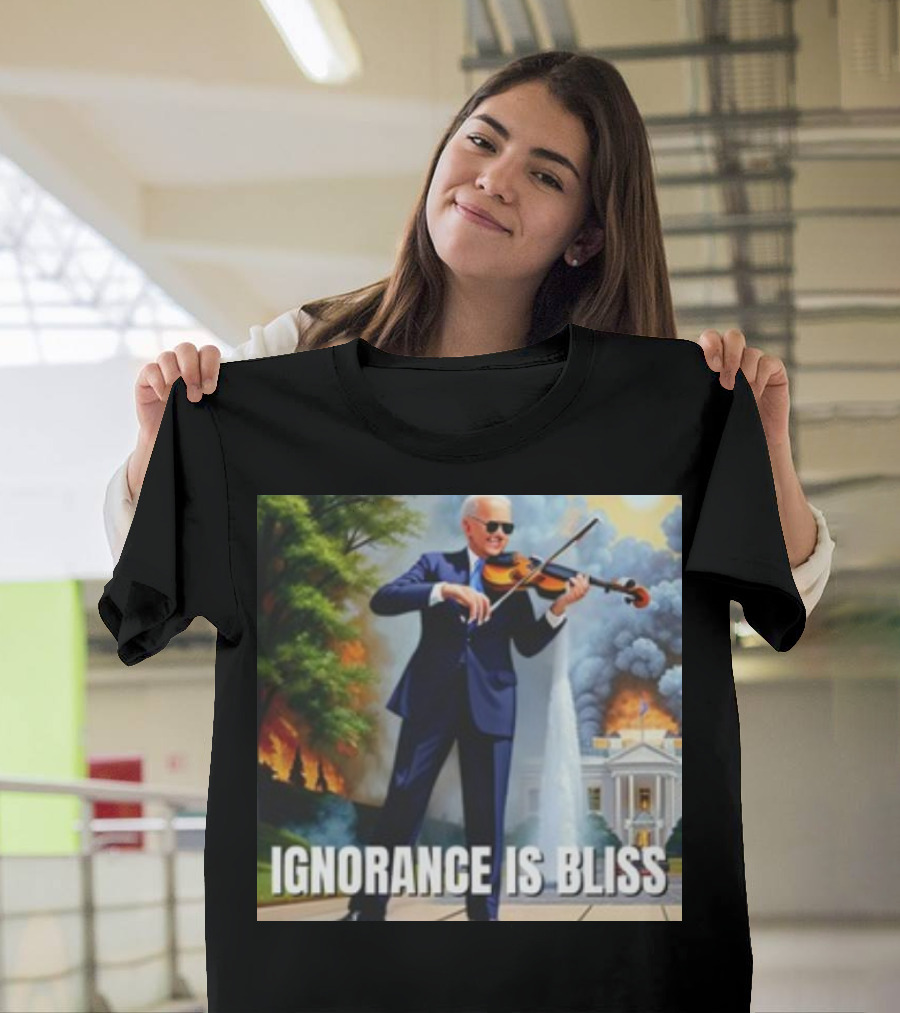 Ignorance Is Bliss Violinist in Suit Playing Amidst Fires and White House T-Shirt