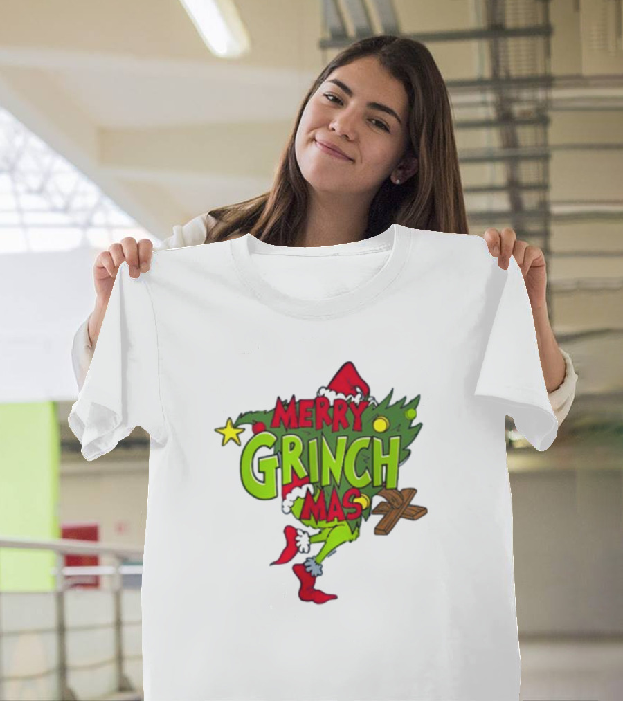 Merry Grinchmas Tree With Santa Hat And Holiday Decorations T-Shirt