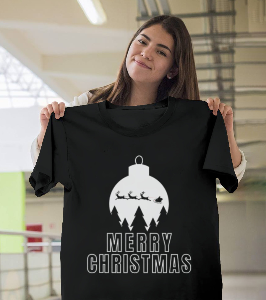 Merry Christmas Ornament Reindeer Sleigh And Trees T-Shirt