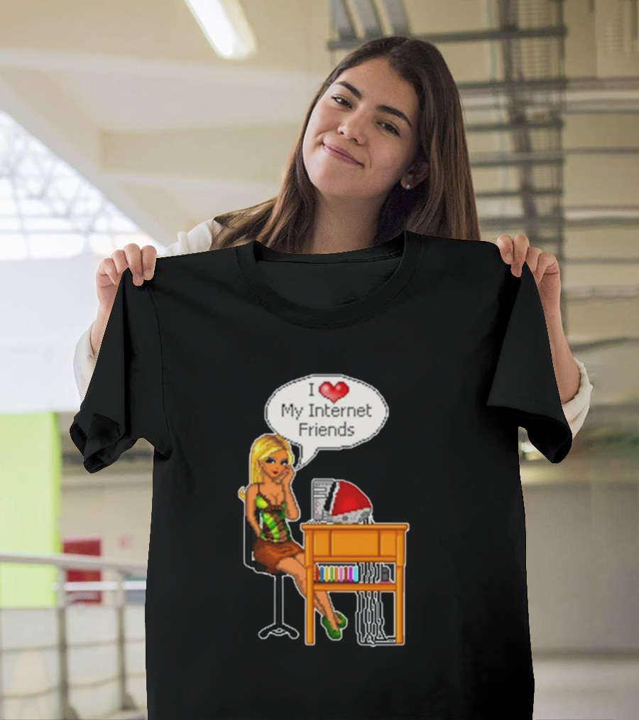 Cherrykitten I Love My Internet Friends Y2K Vintage Blonde Girl At Desk Pixel T-Shirt