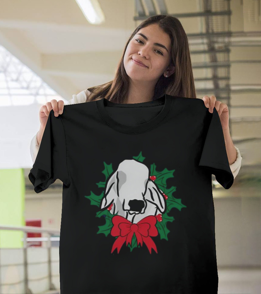 Brahman Cow Head with Festive Christmas Wreath and Bow T-Shirt