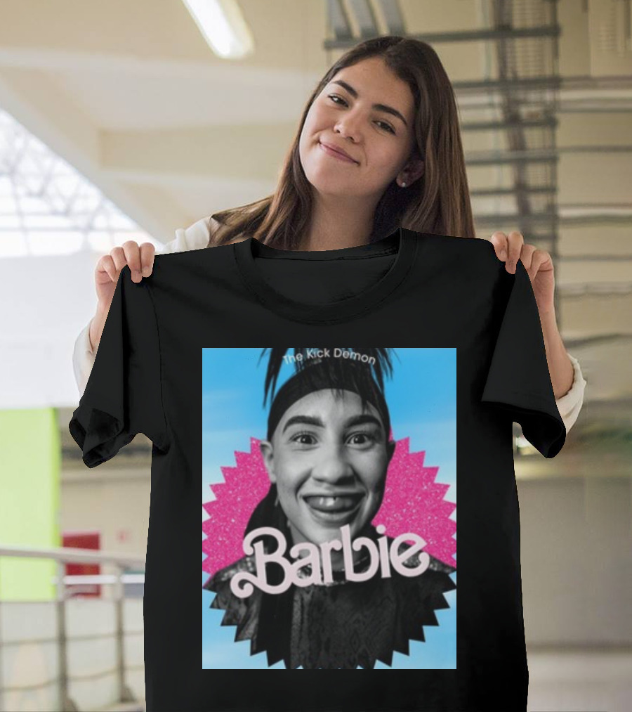 Kick Demon Barbie Smiling Portrait with Pink Starburst Background T-Shirt