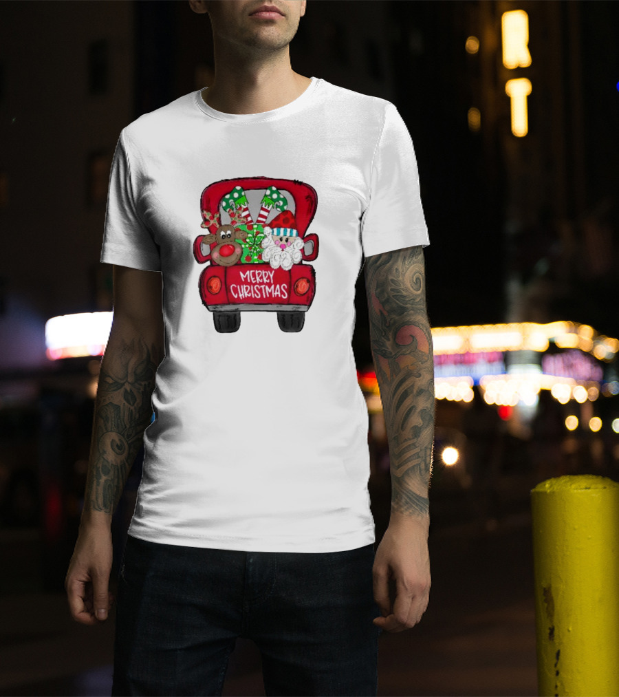 Merry Christmas Santa And Reindeer With Presents In Truck T-Shirt