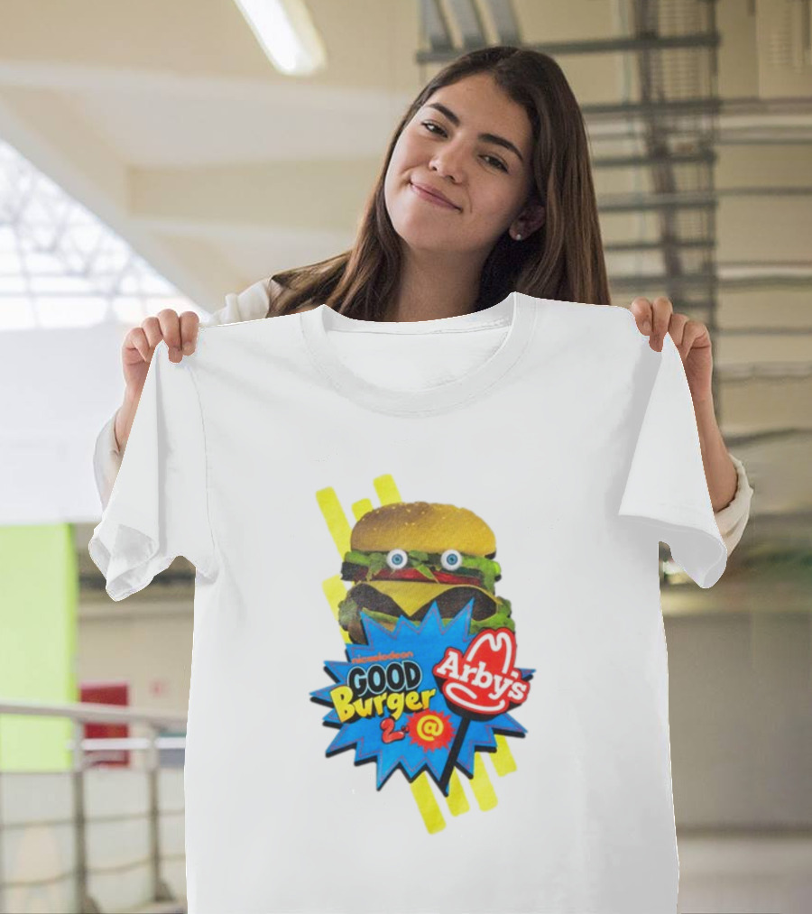 Nickelodeon Good Burger 2 Arby's Collaboration Burger With Eyeballs And Red Arby's T-Shirt