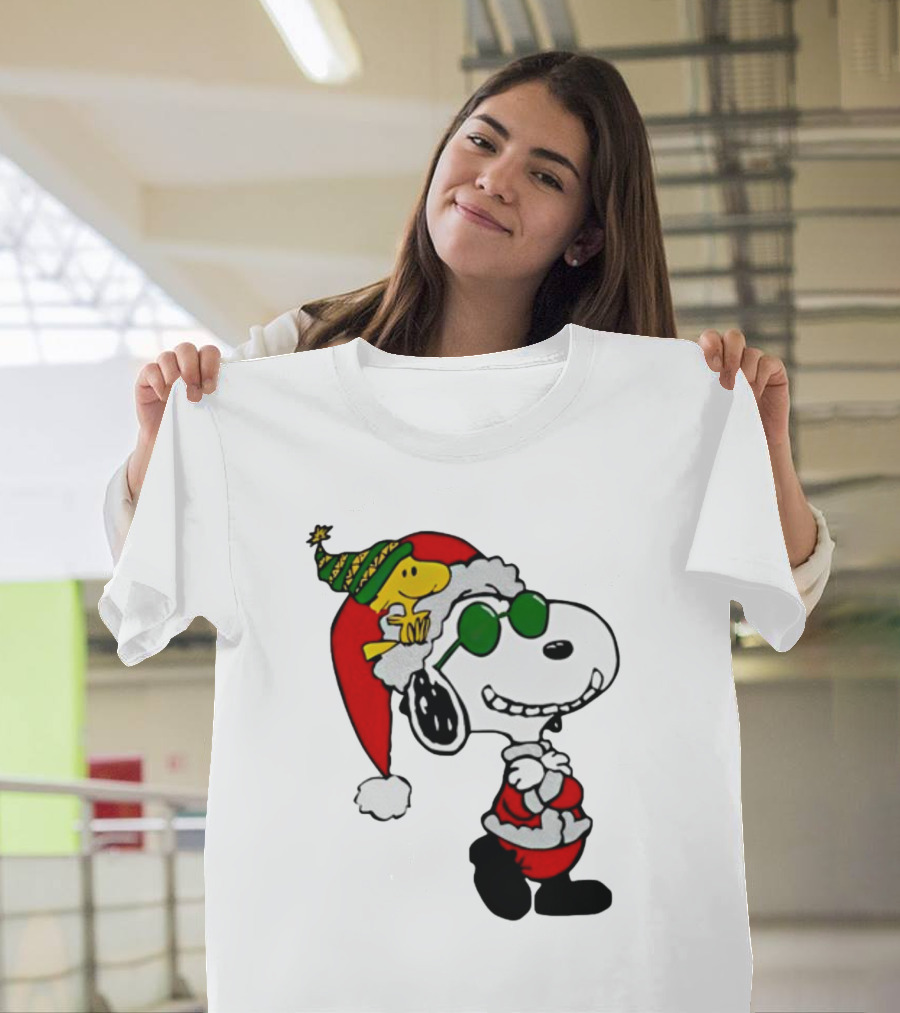 Snoopy and Woodstock Peanuts Merry Christmas Santa Hat and Sunglasses T-Shirt