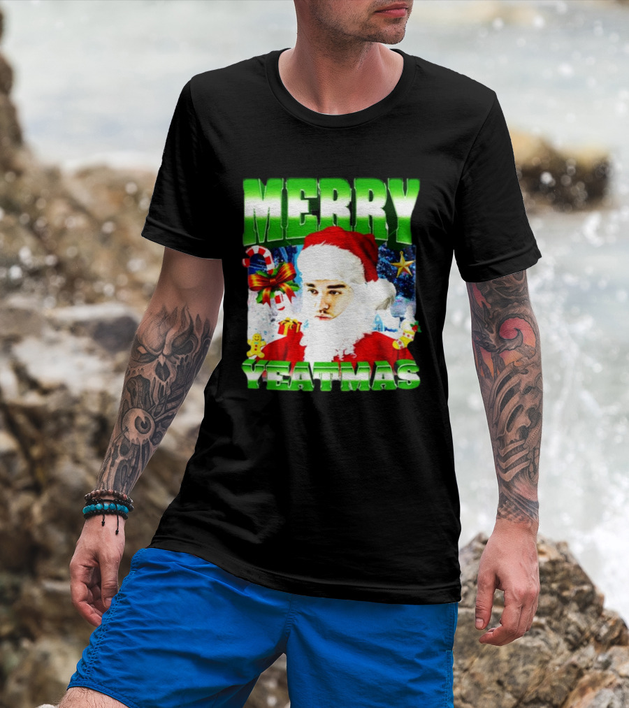 Memeabletees Merry Yeatmas Santa Claus Candy Canes And Snowflakes T-Shirt