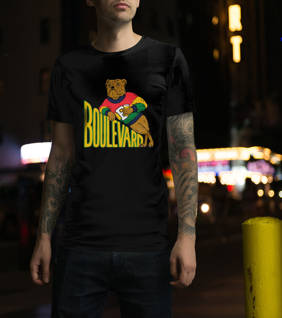 Boulevard Bully Dog In Colorful Sweater Holding Drink T-Shirt