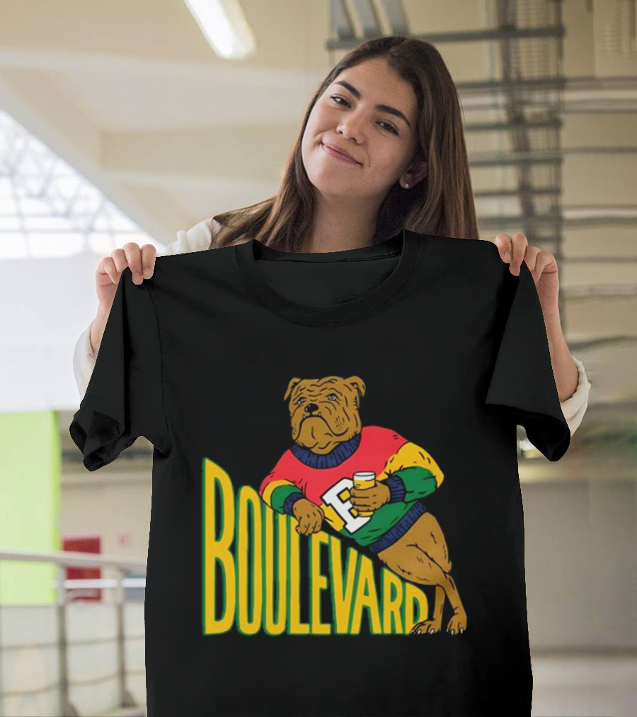 Boulevard Bully Dog In Colorful Sweater Holding Drink T-Shirt