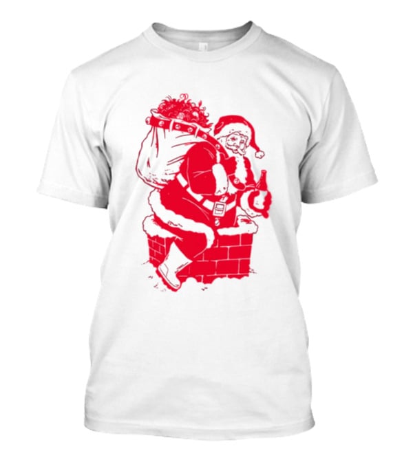 Santa Claws Funny Cat Christmas Beer Chimney Scene T-Shirt