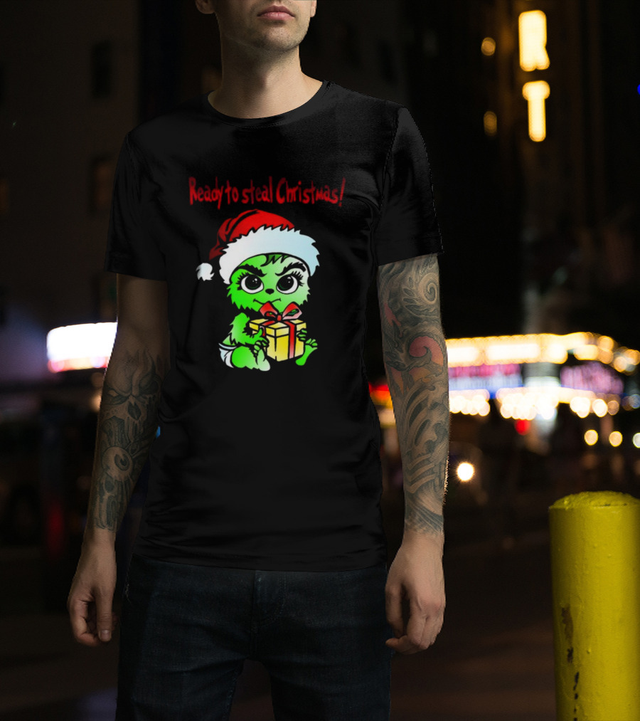 Cathygraphics3 Ready To Steal Christmas Green Santa Hat Gift T-Shirt
