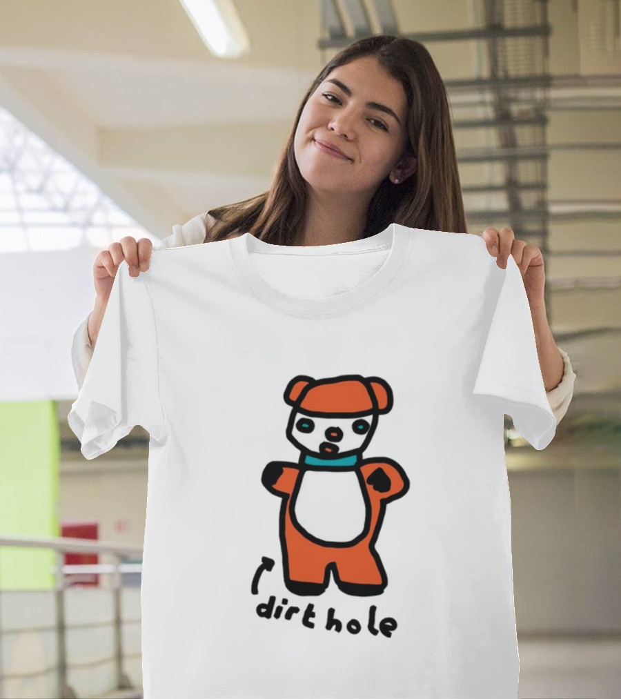 Dirthole Bear Illustration with Orange Outfit and Black Hat T-Shirt