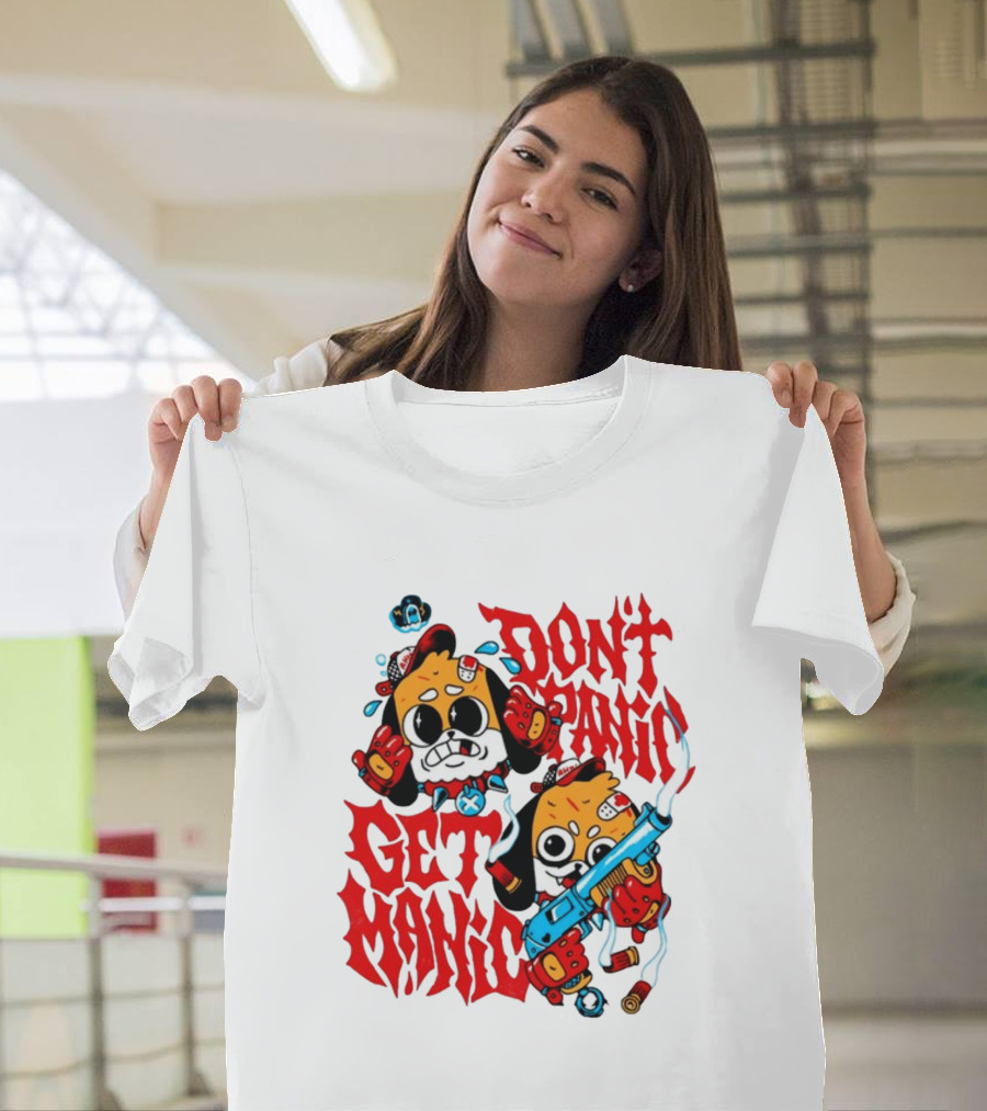 Don't Panic Get Manic Cartoon Characters With Colorful Styling And Playful T-Shirt
