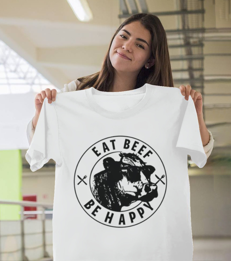 Dr Shawn Baker Eat Beef Be Happy Cow Illustration with Crossed Utensils T-Shirt