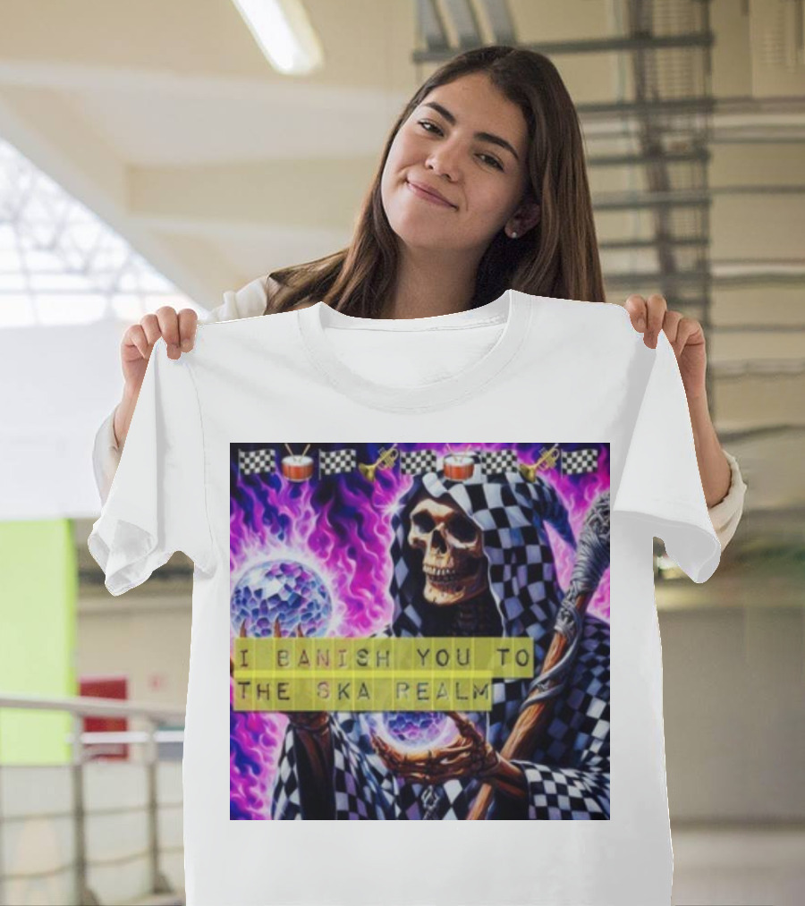 I Banish You to the Ska Realm with Skeleton Holding Disco Balls and Checkered T-Shirt