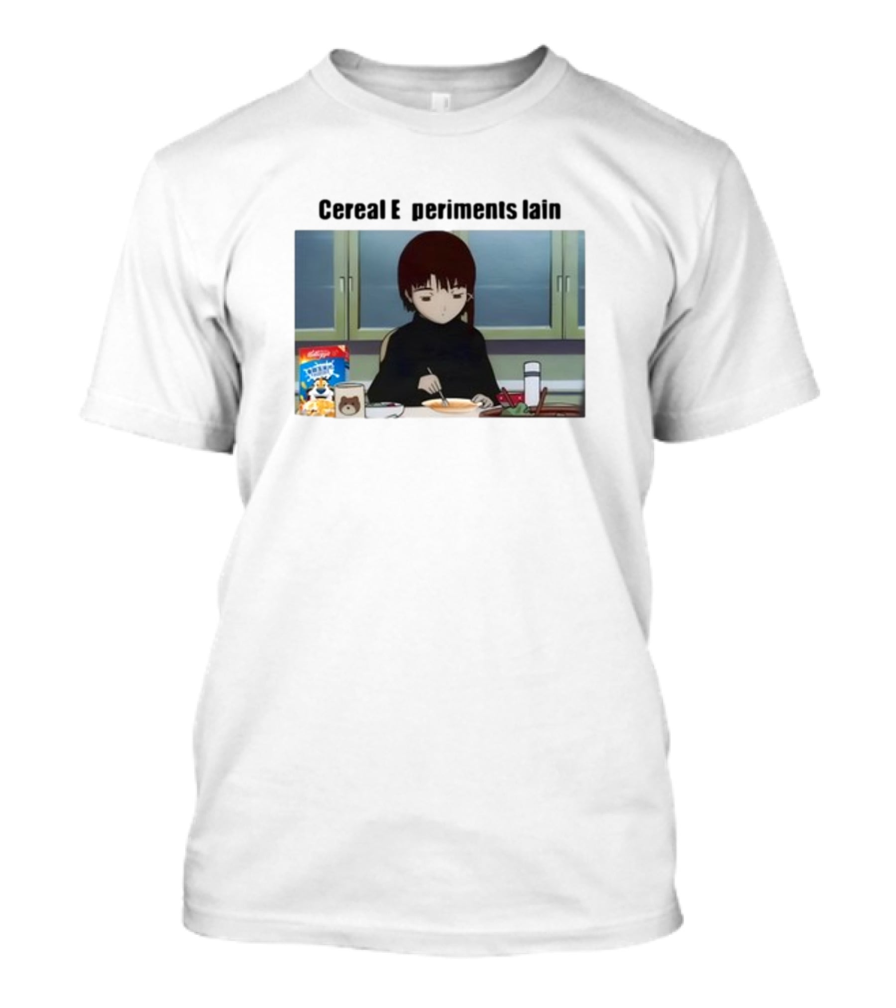 Cereal Experiments Lain Goofyahhtees Breakfast Scene With Cartoon Cereal Box T-Shirt