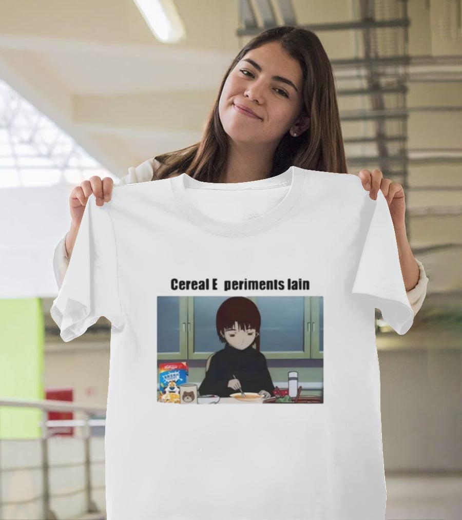 Cereal Experiments Lain Goofyahhtees Breakfast Scene With Cartoon Cereal Box T-Shirt