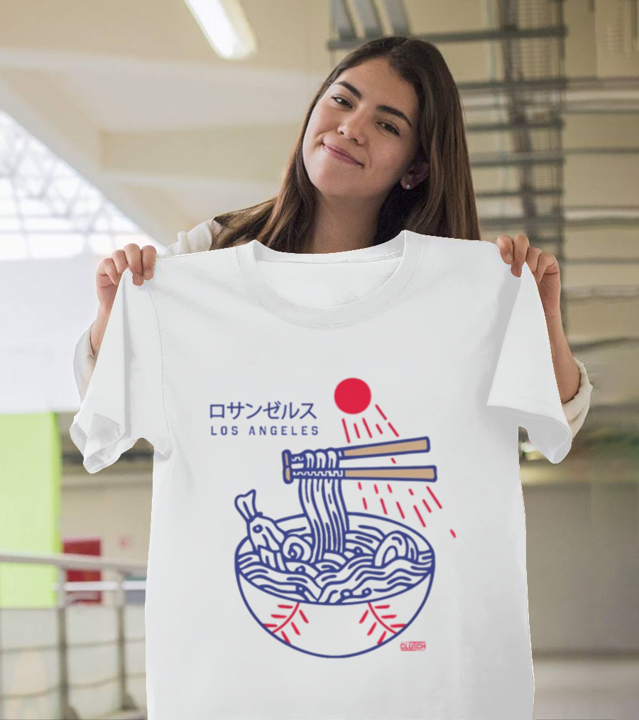 Los Angeles Ramen Bowl With Chopsticks Under Red Sun - Intheclutch Chavez T-Shirt