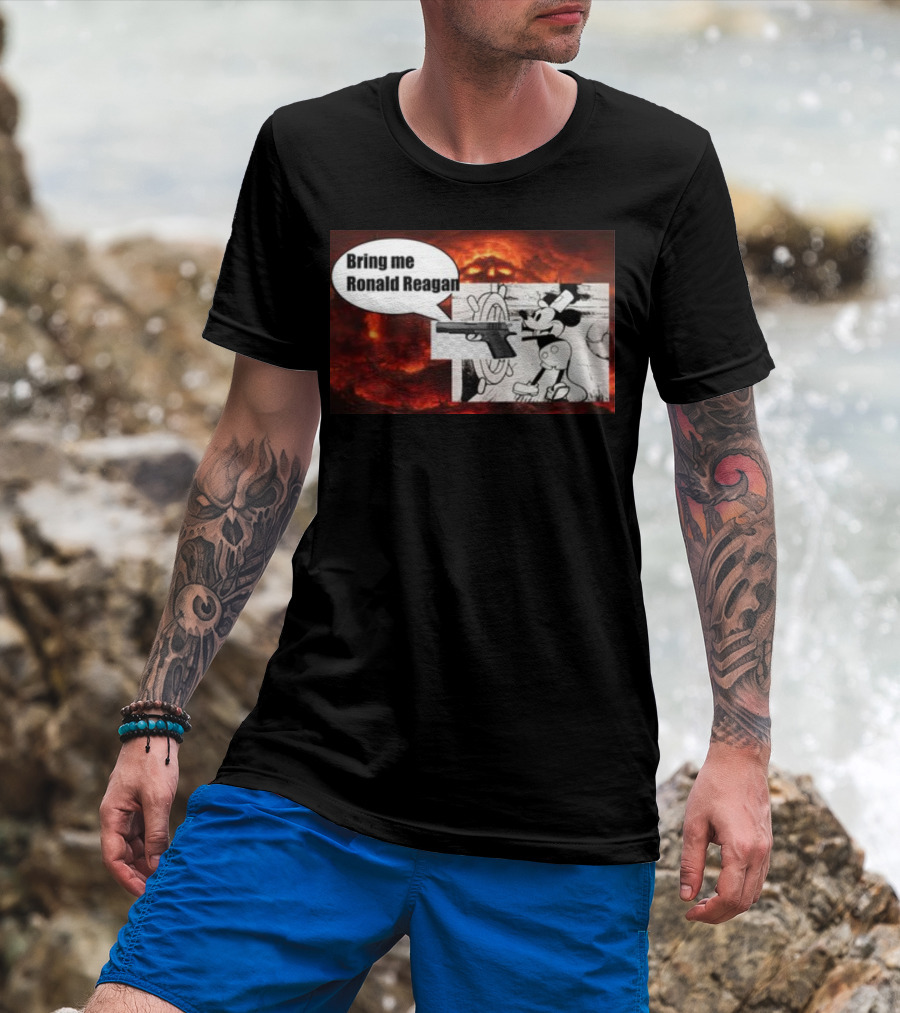 Bring Me Ronald Reagan Cartoon Character And Gun Over Fiery Background T-Shirt