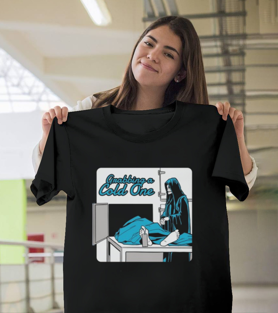 Grabbing a Cold One Grim Reaper with Feet on Morgue Table T-Shirt