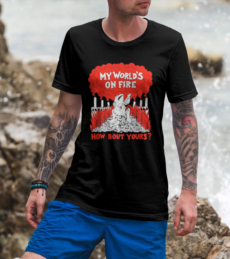 My World's On Fire How Bout Yours Frog Guitar Clouds Skulls Forest T-Shirt