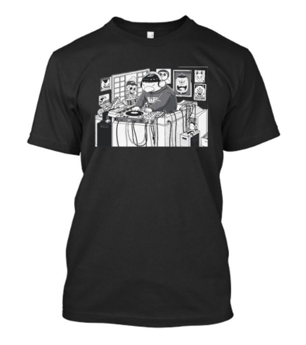 Yokai Beats DJ Mixing In Studio With Japanese Mask Collection T-Shirt