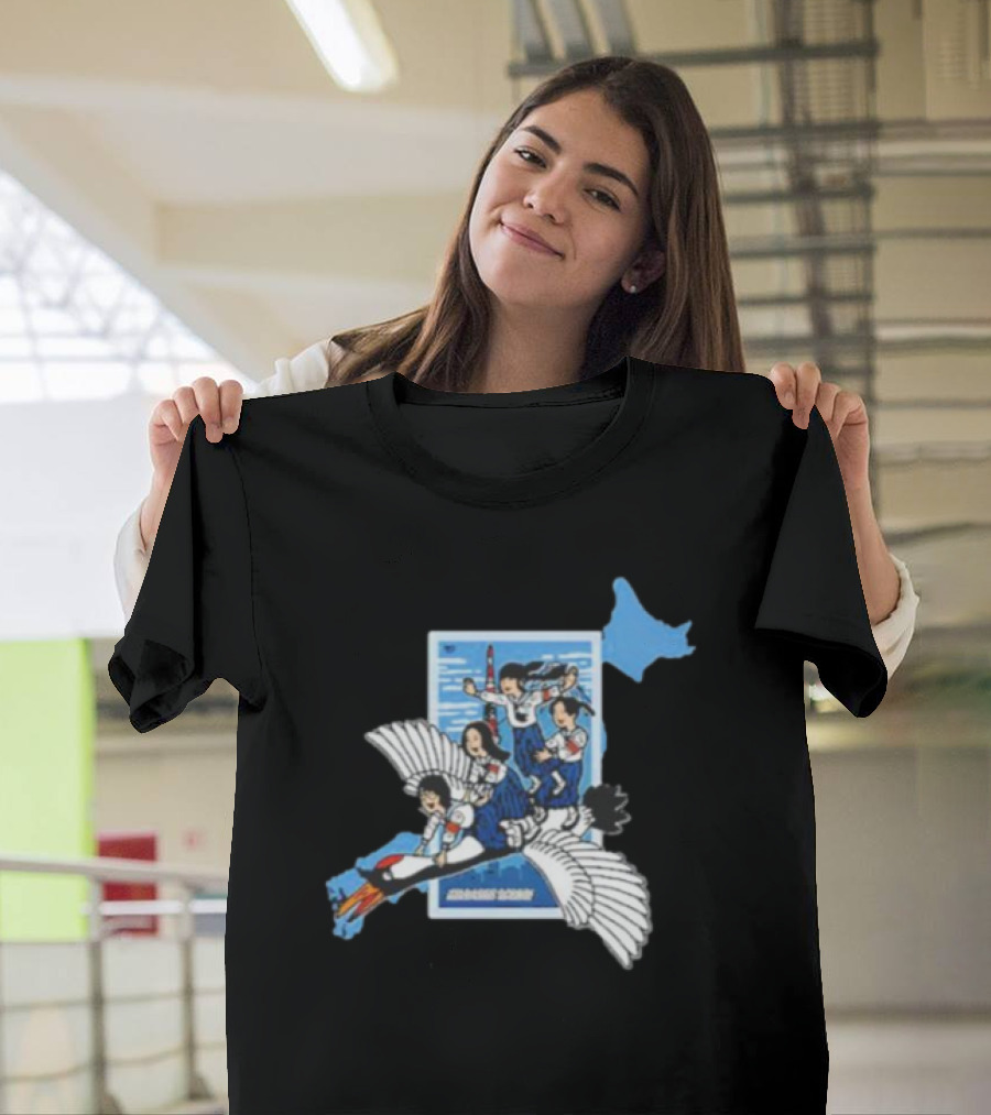 Atarashii Gakko Navy Crane Girls Riding White Bird Japan Map T-Shirt