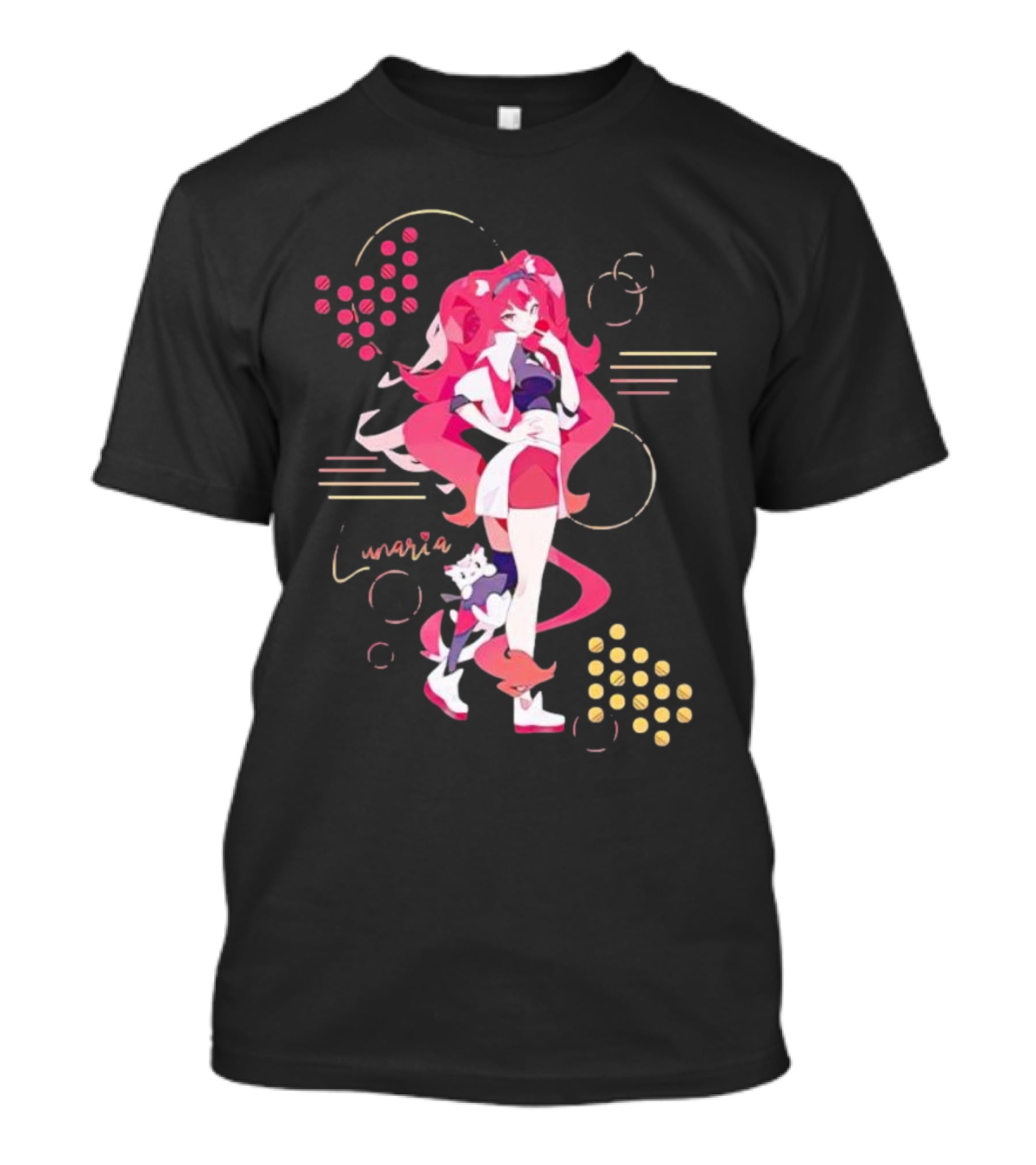 Lunaria Streetwear Pink Hair Girl With Cat And Circles T-Shirt