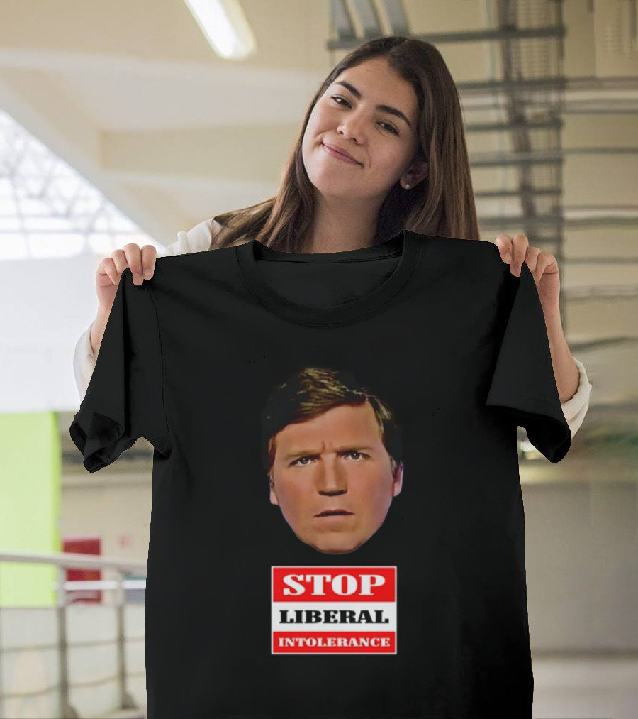 Tucker Carlson Face with Stop Liberal Intolerance Text Graphic for Trump Supporter T-Shirt