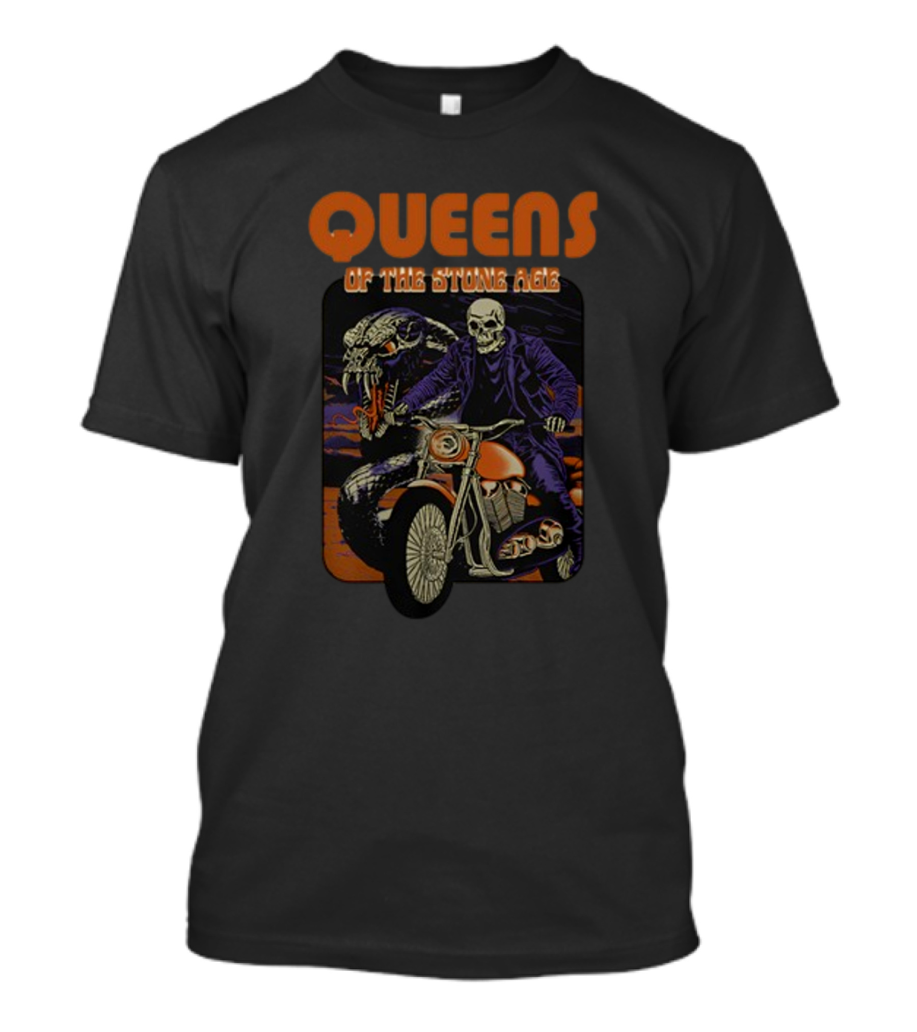 Queens Of The Stone Age Skeleton Biker With Snake Background T-Shirt
