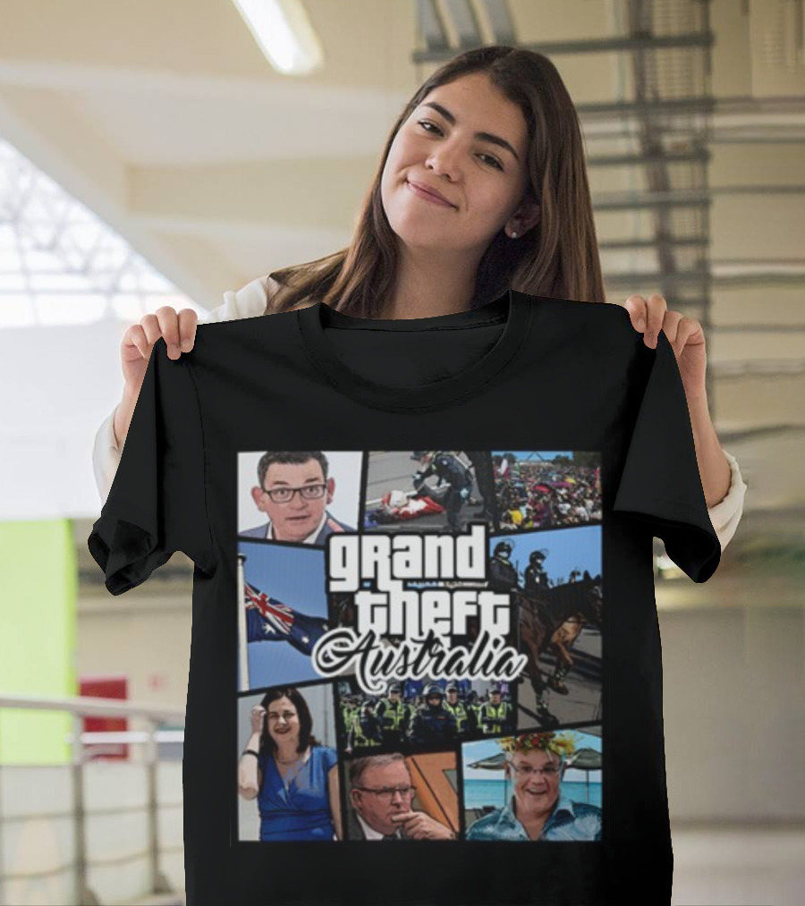 Grand Theft Australia Aussiebotstudio Political and Cultural Satire Collage T-Shirt