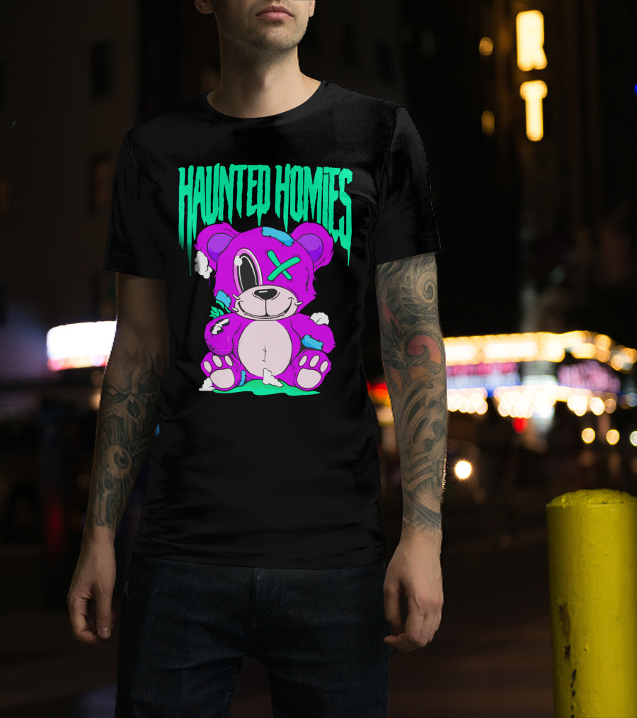 HAUNTED HOMIES Purple Teddy Bear Crossed Eye Patchwork T-Shirt
