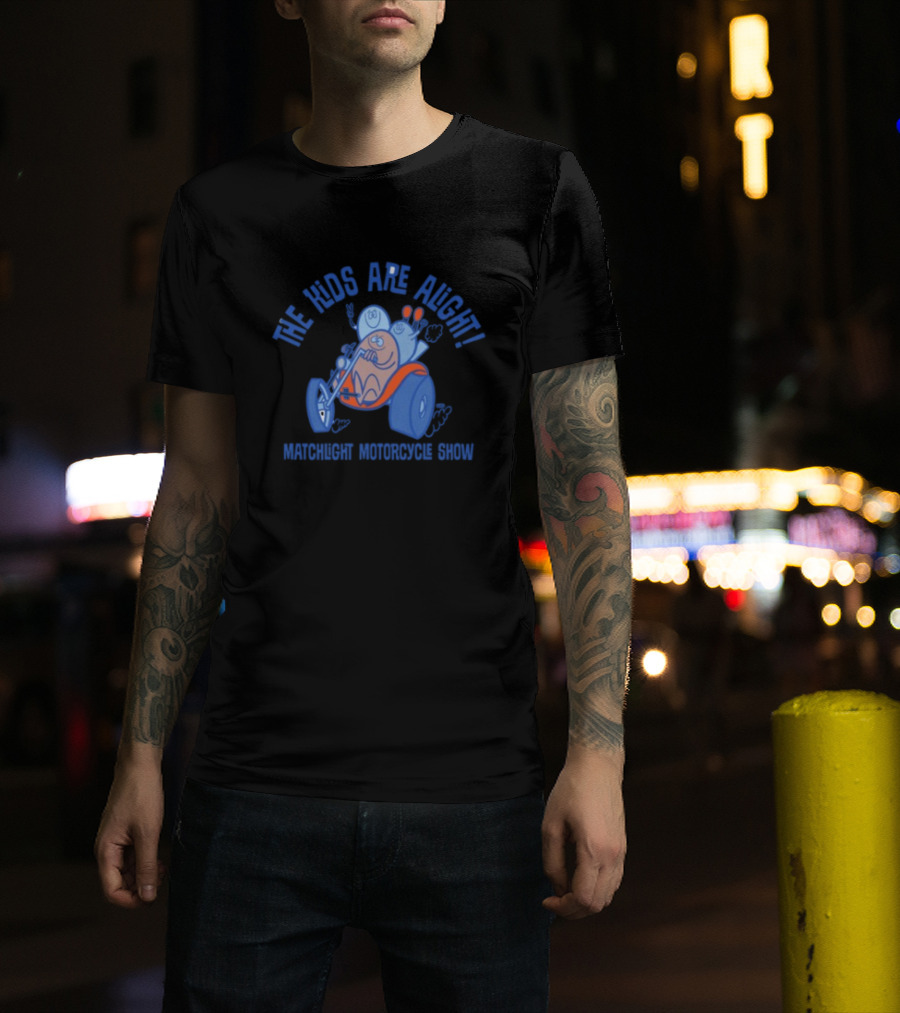 The Kids Are Alright Fartco Matchlight Motorcycle Show Cartoon Characters Riding Tricycle T-Shirt