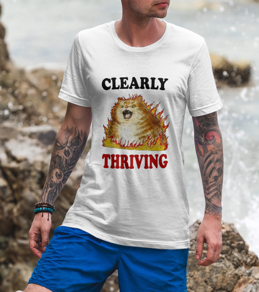 CLEARLY THRIVING Fluffy Cat In Flames T-Shirt