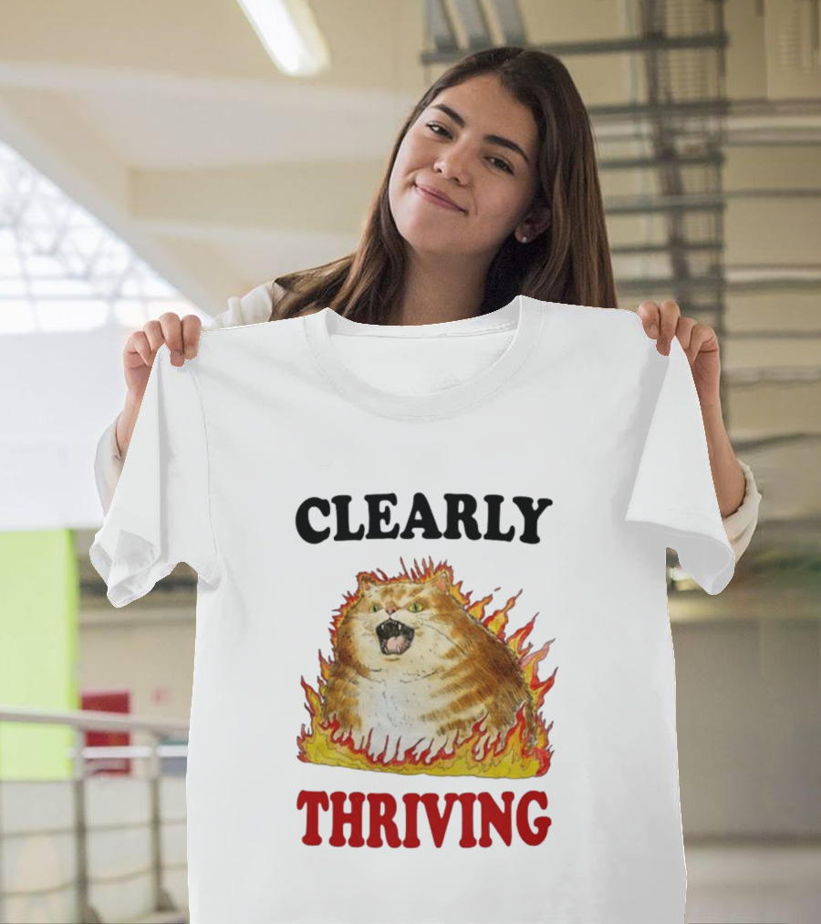 CLEARLY THRIVING Fluffy Cat In Flames T-Shirt
