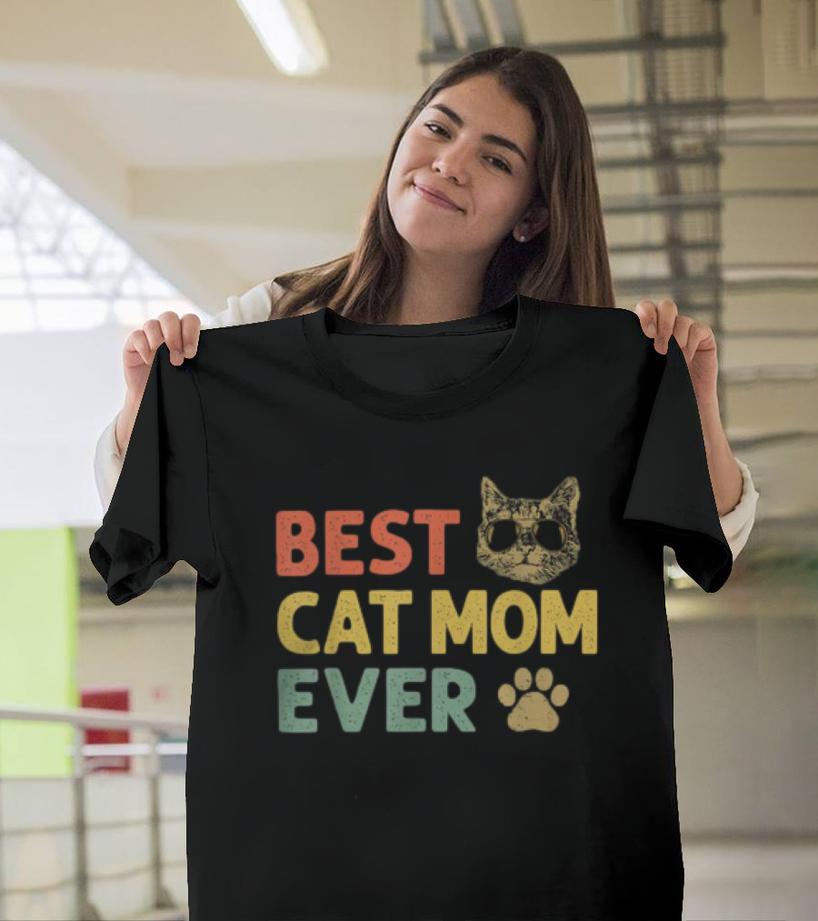 Best Cat Mom Ever Vintage Cat With Sunglasses And Paw Prints T-Shirt