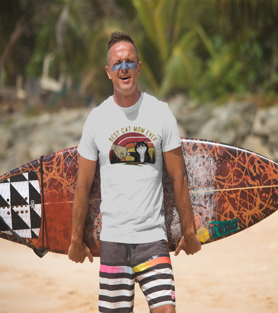 Best Cat Mom Ever Vintage Rainbow Sunset Fist Bump Cat T-Shirt