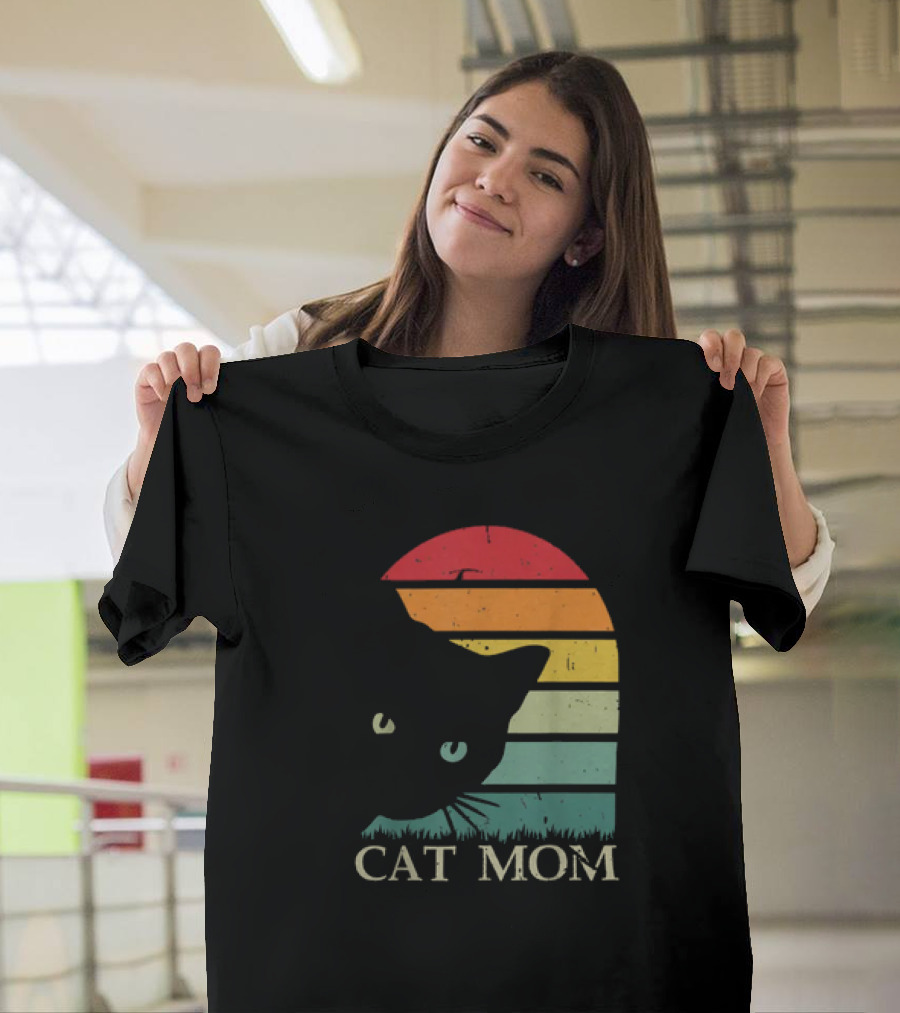Vintage Cat Mom For Women Funny Cat Mom Mother Retro Sunset Cat T-Shirt